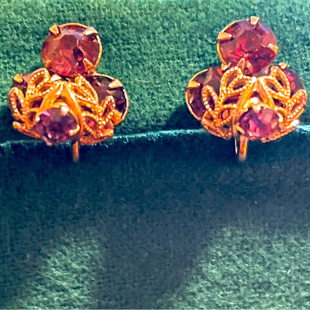 Vintage Burgundy / Purple Tri-stone Screw Back Earrings